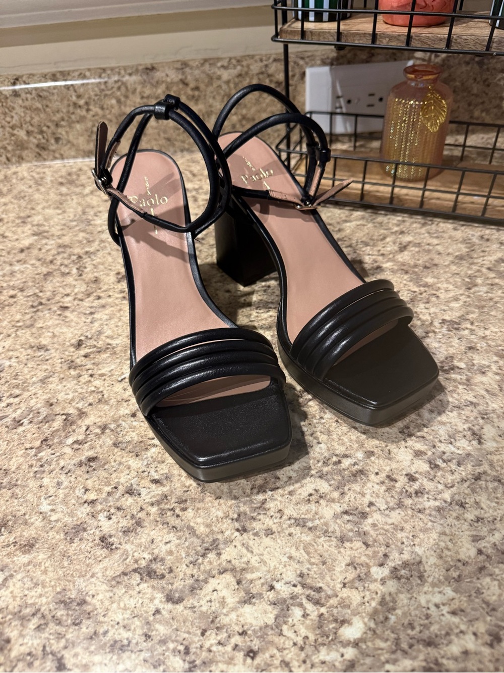 Linea Paolo Eve Black Ankle Strap Platform Square-Toe Block Heels